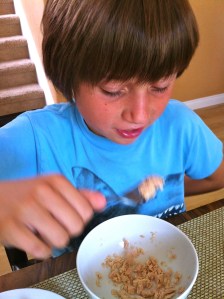 Here Joe eats wild caught tuna from a can to get me off his back about protein. 